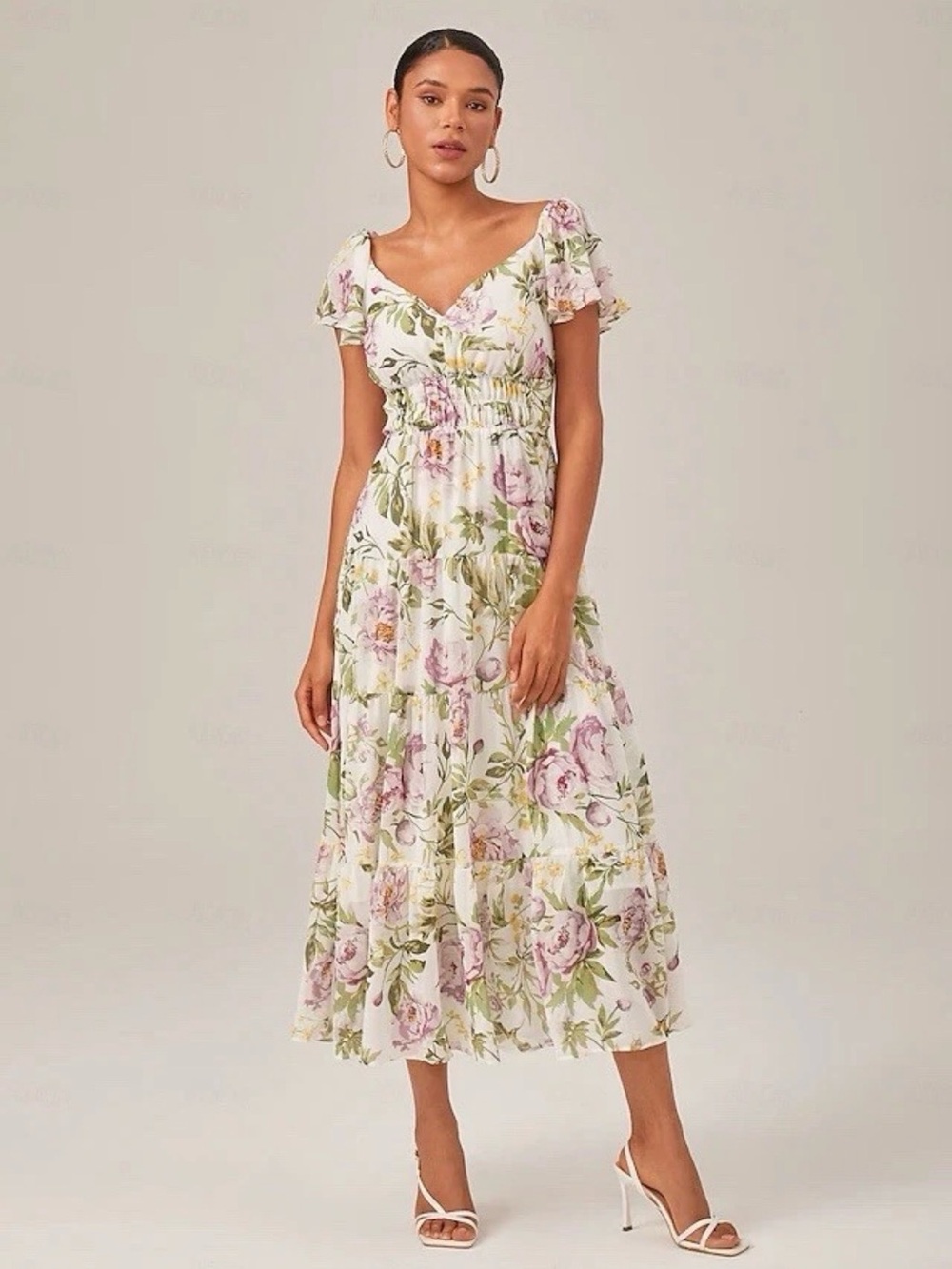 Floral V-Neck Smocked Midi Dress in White and Pink